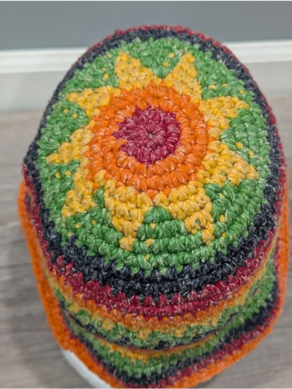 Casa De La Lana Bucket Hat Rainbow Handknit 100% Wool Boho Festival Stripe Sun